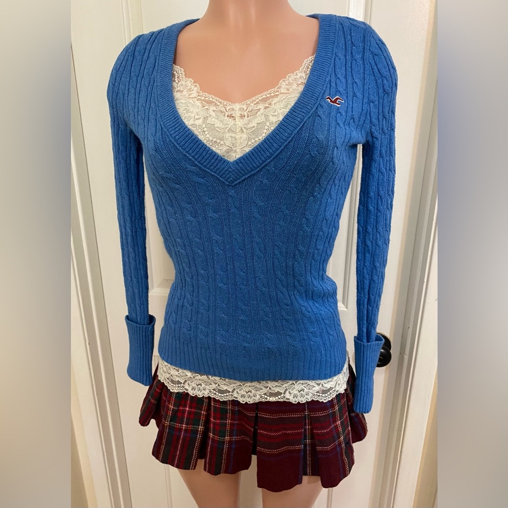 Y2k Vintage Hollister blue rabbit hair deep v-neck knit sweater.